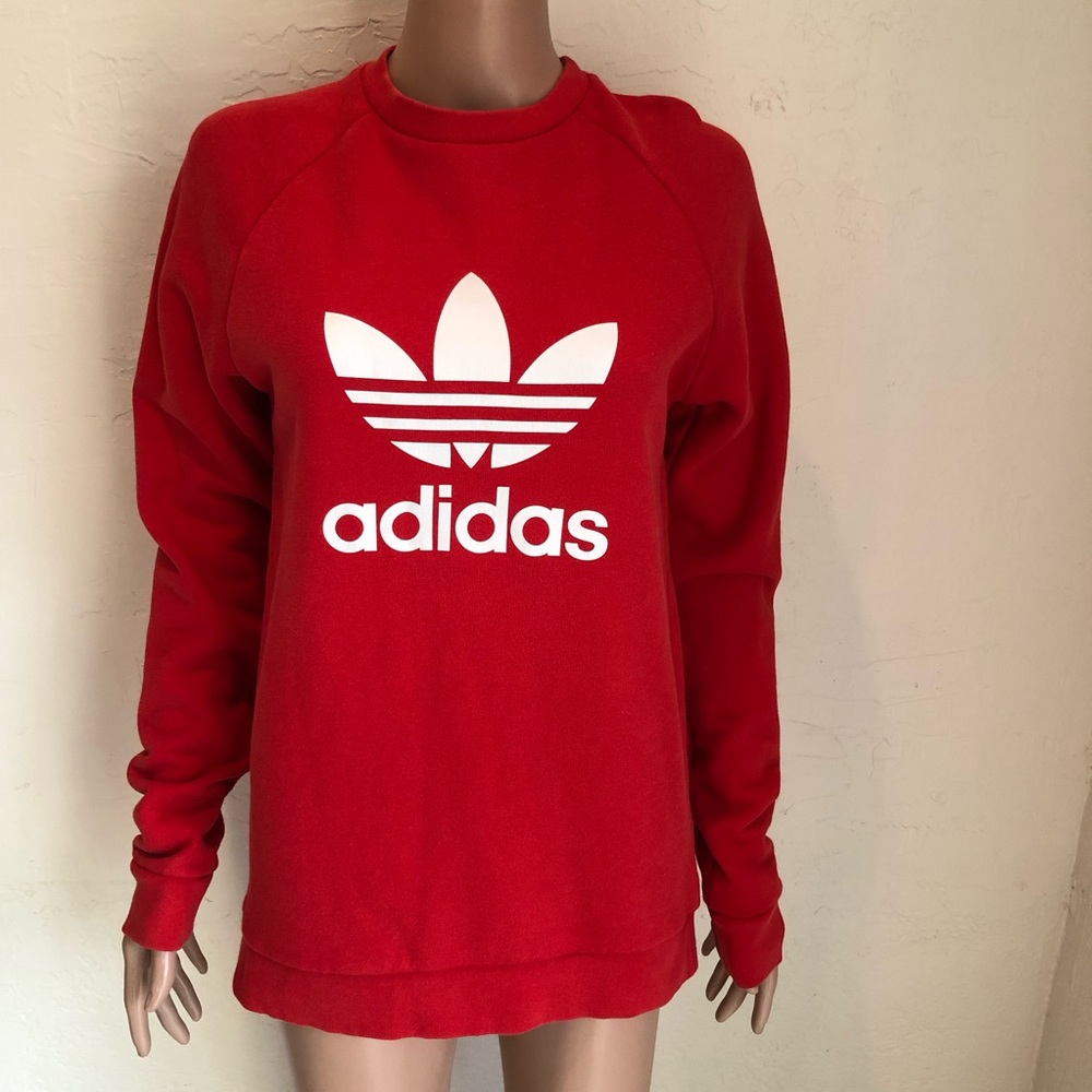 Adidas Activewear Red Terry Pullover Sweatshirt Large Logo Print Women’s Size XS